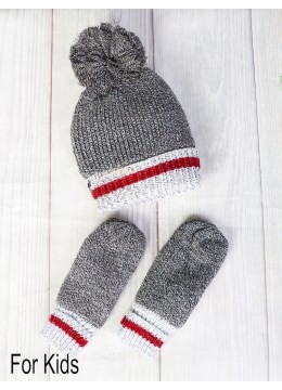 Kids Pompom Hat & Double Layered Mittens W/ Red Stripe Set (HAT1310+ GL11531) (3 months - 4 years old)